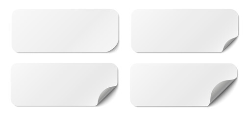 Poster - Paper stickers long square with rounded edges adhesive, isolated rounded plastic mockup, realistic set round paper curved corner, white tags, paper round stickers with peeling corner and shadow