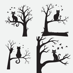 silhouette illustration of cat on tree branch with flying birds in clean white background
