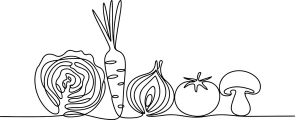 Fototapete - continuous line art depicting a variety of vegetables. A single flowing line forms a cabbage, carrot, onion, tomato, and mushroom arranged side by side.