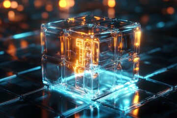 Poster - Futuristic glass cube illuminated by glowing lights in a modern setting, Glass cube with glowing lights inside Futuristic technology design Seamless 3D render