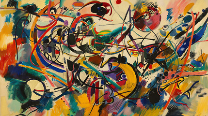 Leinwandbilder - A vibrant and dynamic abstract painting showcases a chaotic yet harmonious composition of colorful lines, shapes, and brushstrokes, creating a visually stimulating artwork