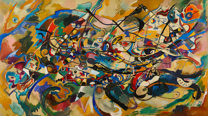 Leinwandbilder - A vibrant abstract painting showcases a chaotic yet harmonious blend of colors, shapes, and lines, creating a dynamic and expressive composition with a modern artistic style