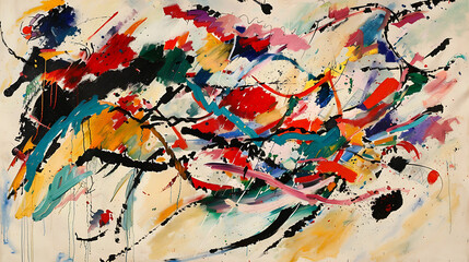 Leinwandbilder - A vibrant abstract painting featuring a dynamic composition of colorful brushstrokes, splatters, and drips against a light background, creating a visually stimulating and expressive artwork
