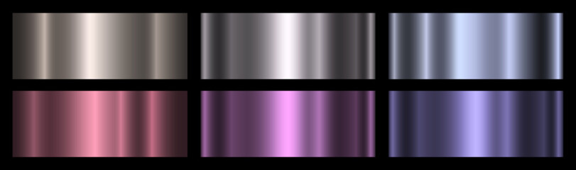 Aufkleber - A set of metallic purple, blue and silver gradients on a black background. A collection of six metallic shades. Polished glossy abstract background. Vector illustration.