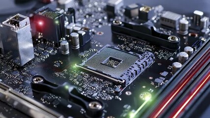 Poster - A close-up view of a computer motherboard showing electronic components and illuminated LED indicators.
