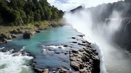 Poster - Powerful waterfall rushes over rocky cliffs surrounded by lush green forest and mist rising into the air.