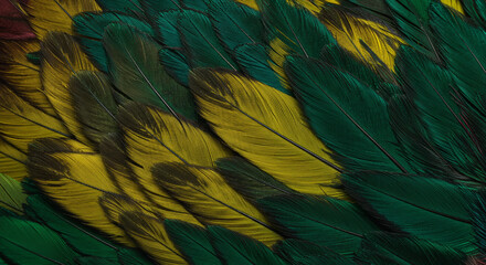 Poster - A detailed close up of green and yellow feathers arranged in a textured pattern and design element