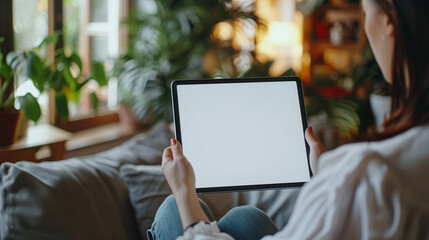 hand holding tablet with isolated screen in room house. tablet blank white screen mockup.