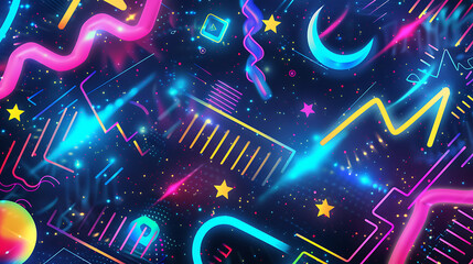 Leinwandbilder - A vibrant and dynamic abstract background featuring neon lights, stars, and cosmic elements creating a futuristic and festive atmosphere with a touch of magic and imagination