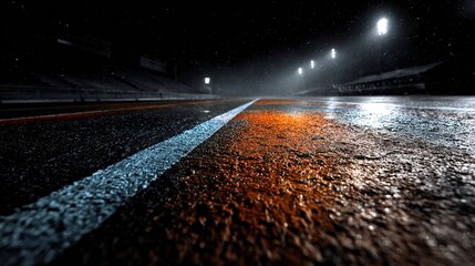 Poster - Dark Wet Asphalt Road at Night with Reflective White and Orange Lines – Moody Urban Street Photography ,sport Photography wallpaper,