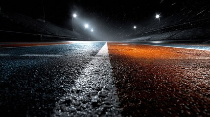 Poster - Dark Wet Asphalt Road at Night with Reflective White and Orange Lines – Moody Urban Street Photography ,sport Photography wallpaper,