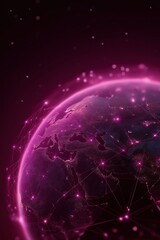 Poster - Digital network over earth's surface with glowing pink connections in space