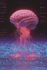 Poster - Futuristic brain with neon circuitry on digital grid