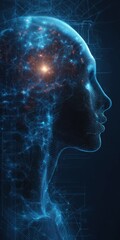 Poster - Futuristic digital human profile with neural network and glowing elements