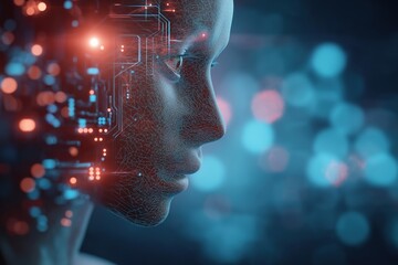 Poster - Futuristic female profile with digital circuitry and glowing lights