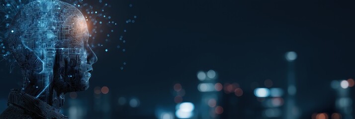Poster - Futuristic ai concept with digital face and city lights