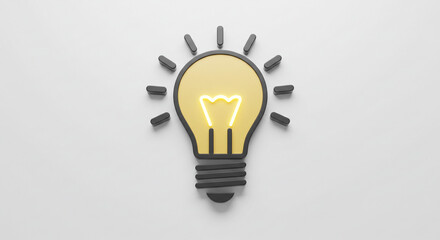 Poster - Close up of a stylized light bulb with a yellow center and gray outline on a white background space