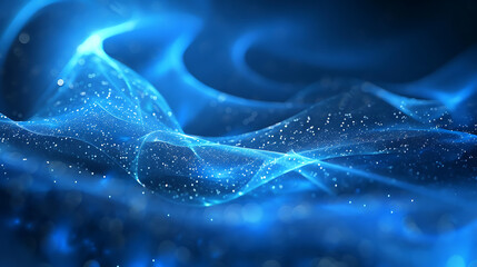 Leinwandbilder - A vibrant abstract background features flowing blue lines and glowing particles, creating a futuristic and dynamic design with a sense of energy and connectivity