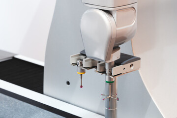 Poster - Quality control on milling metal CNC machine, coordinate measuring machine changing the sensor,  CMM Quality control machine, technology concept