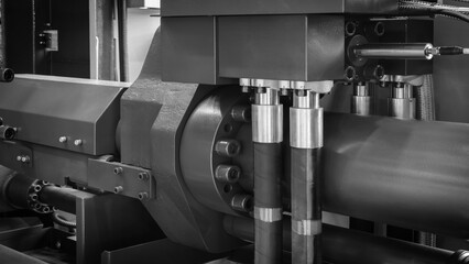 Poster - Part of a large metalworking machine with hydraulic or pneumatic drive pipes with many parts, industrial concept background