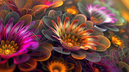 Leinwandbilder - A vibrant display of abstract floral blooms in shades of orange, purple, pink, and yellow creates a colorful and decorative pattern