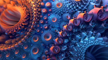 Leinwandbilder - A vibrant abstract background features a complex and intricate design with cellular structures, spirals, and geometric patterns in shades of blue and orange, creating a visually stunning effect