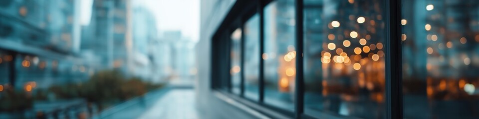 Poster - A blurry cityscape with a window that is partially obscured by a tree. Scene is somewhat mysterious and dreamy, as the blurriness of the city and the window creates a sense of depth and movement