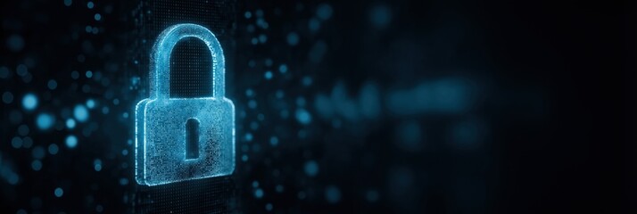 Poster - A blue lock with a keyhole is shown in a dark background. The lock is surrounded by a blurry pattern, giving the impression of a futuristic or high-tech security system