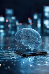 Fototapete - a computer chip with a brain on top of it. the brain is blue and the chip is black