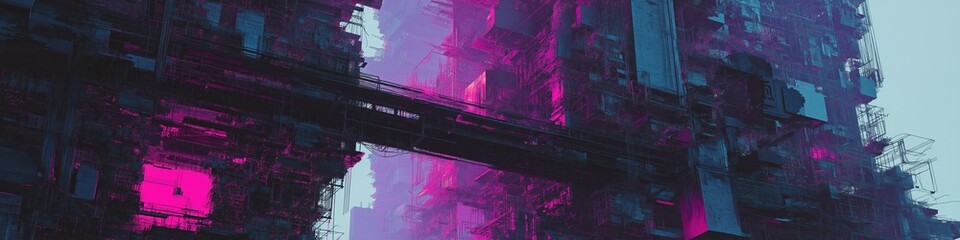 Poster - A cityscape with a bridge and buildings in the background. The sky is blue and the buildings are purple
