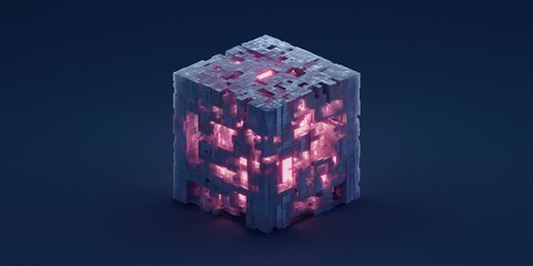 Fototapete - A cube with a glowing interior. The cube is made of metal and has a rough texture. The light inside the cube is bright and intense, creating a sense of mystery and intrigue