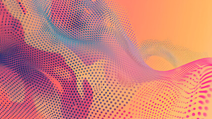Leinwandbilder - Abstract background with a vibrant gradient of orange, pink, blue, and purple forming a wavy pattern of dots and lines, creating a modern and futuristic design
