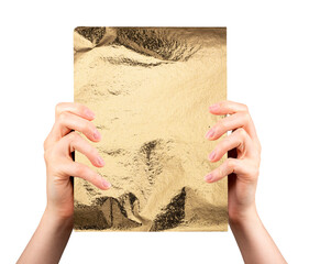 Poster - Female hands holding shiny crumpled gold foil sheet in front display. Elegant mockup with luxury