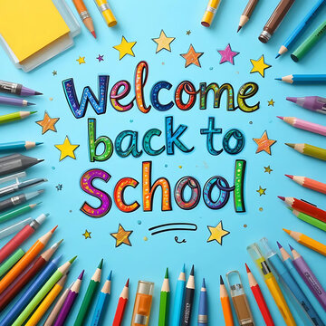 welcome back to school, colorful star shapes, colored pencils, school supplies,