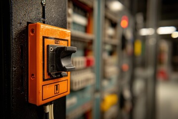 Poster - Close-up view of an orange and black electrical switch in a panel