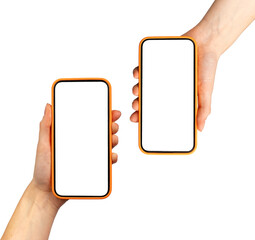 Poster - Hand holding two smartphones showing app screen. Mobile cellular devices with technology display.