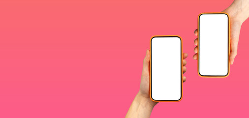 Poster - Hand holding two smartphones with app screens in pink gradient background. Mobile devices with