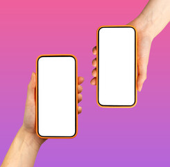 Poster - Hand holding two smartphones with app screens showing. Mobile devices in violet and purple gradient
