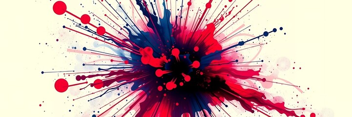 Poster - A vibrant explosion of red and blue paint splatters against a neutral background creating dynamic art