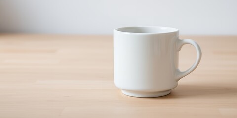 Poster - A simple white ceramic mug with a handle sits on a light brown wooden surface against a white wall