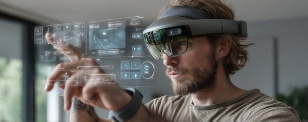 Poster - Man using augmented reality headset interacting with virtual interface in modern setting