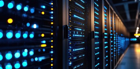 Aufkleber - Close-up of modern server racks with blue and amber LED indicators in a dimly lit data center, highlighting secure network systems and cutting-edge digital infrastructure technology