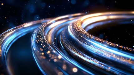 Aufkleber - Glowing spiral light trails with blue and golden streaks against dark background create dynamic motion effect for technology and communication designs.