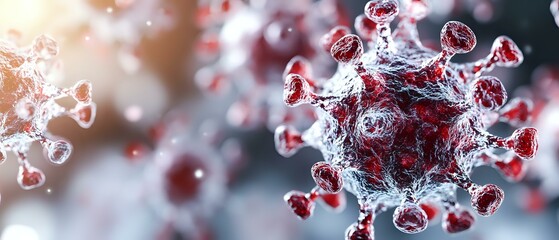 Poster - Microscopic view of red virus cell structure with spike proteins floating in blurred background, scientific medical research visualization for healthcare and biology.