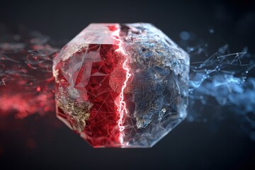 Poster - Digital representation of a split earth with red and blue hemispheres