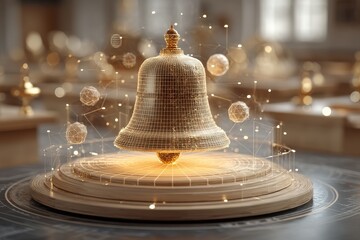 Poster - Glowing technology-enhanced golden bell surrounded by dynamic digital elements