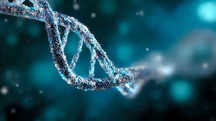 Poster - Glowing DNA strand helix structure on dark turquoise background with bokeh effect and particles, scientific molecular biology concept for genetics research.