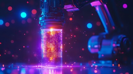 Poster - Glowing scientific test tube with luminescent liquid and floating particles in neon pink and blue laboratory setting against dark background with bokeh lights.