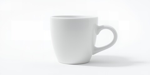 Poster - A simple white ceramic mug with a curved handle sitting on a white surface in soft lighting
