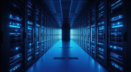 Aufkleber - Symmetrical data center hallway with rows of glowing blue server racks and futuristic lighting, highlighting advanced digital infrastructure and high-performance networking